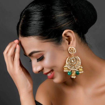 Floral Mirror Mandala Earrings with Pearl & Green Bead Jhumka Drops Pair